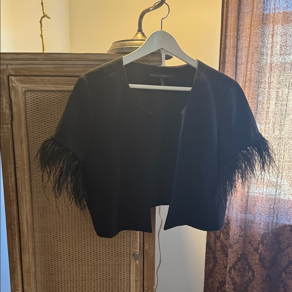 SLAY!!! Black Feather Sleeve Crop Jacket - Picture 6 of 12